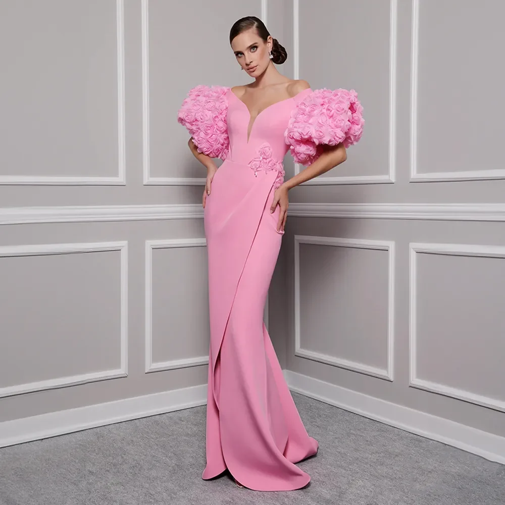 

2024 Fashion Pink Mermaid Evening Dresses Short Sleeve Rose Flower Formal Gown V Neck Sweep Train Mermaid Celebrity Dress