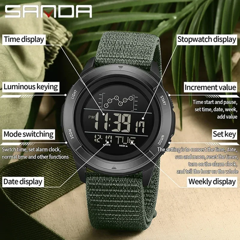 SANDA Military Sport Man Watch Nylon Strap LED Digital Display Multifunction Alarm Clock Countdown Waterproof Men's Wristwatch image 4