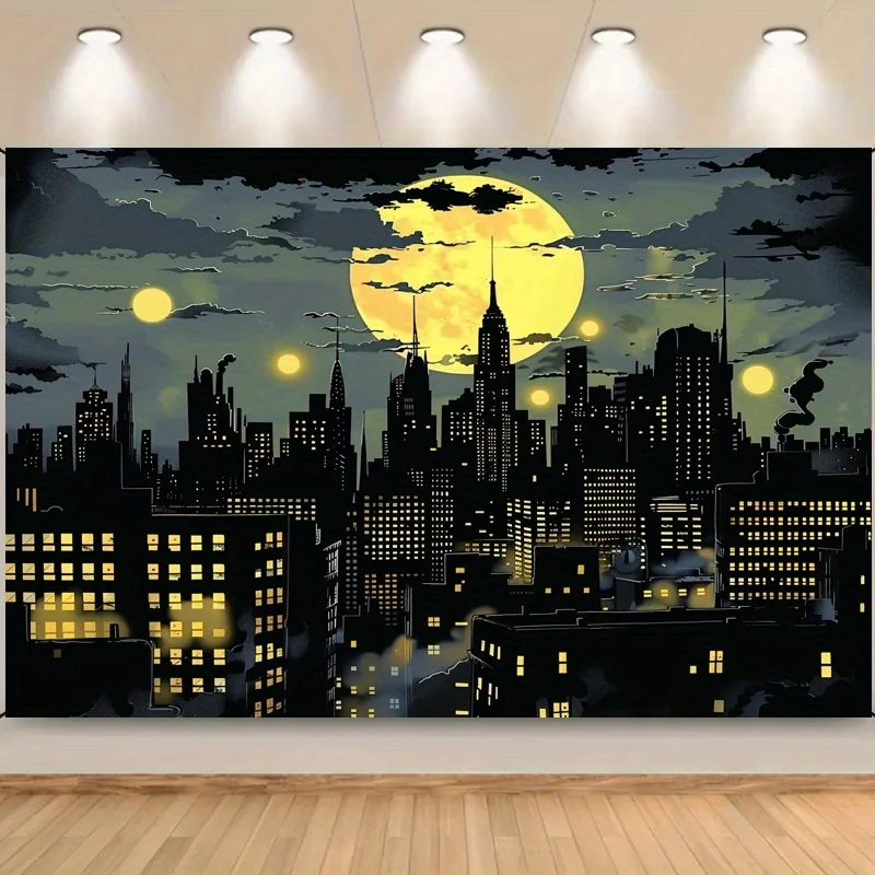 Superhero City Skyline مع خلفية الخفافيش - لافتة حفلات من البوليستر اللامع، مناسبة للتصوير الفوتوغرافي وأعياد الميلاد والمناسبات #2