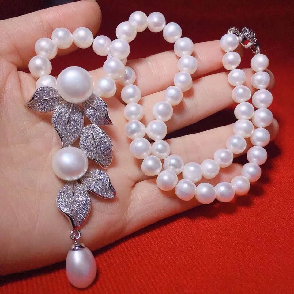 ones set  freshwater pearl flower pendant necklace earrings white near round  wholesale nature beads