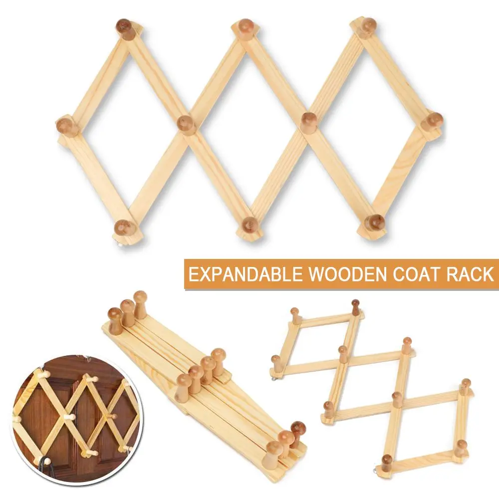 Storage Expandable Bathroom Rack Fixed On Wall Fold Shelf Natural Wood Clothes Hanger Coat Hooks Hat Closet Hook