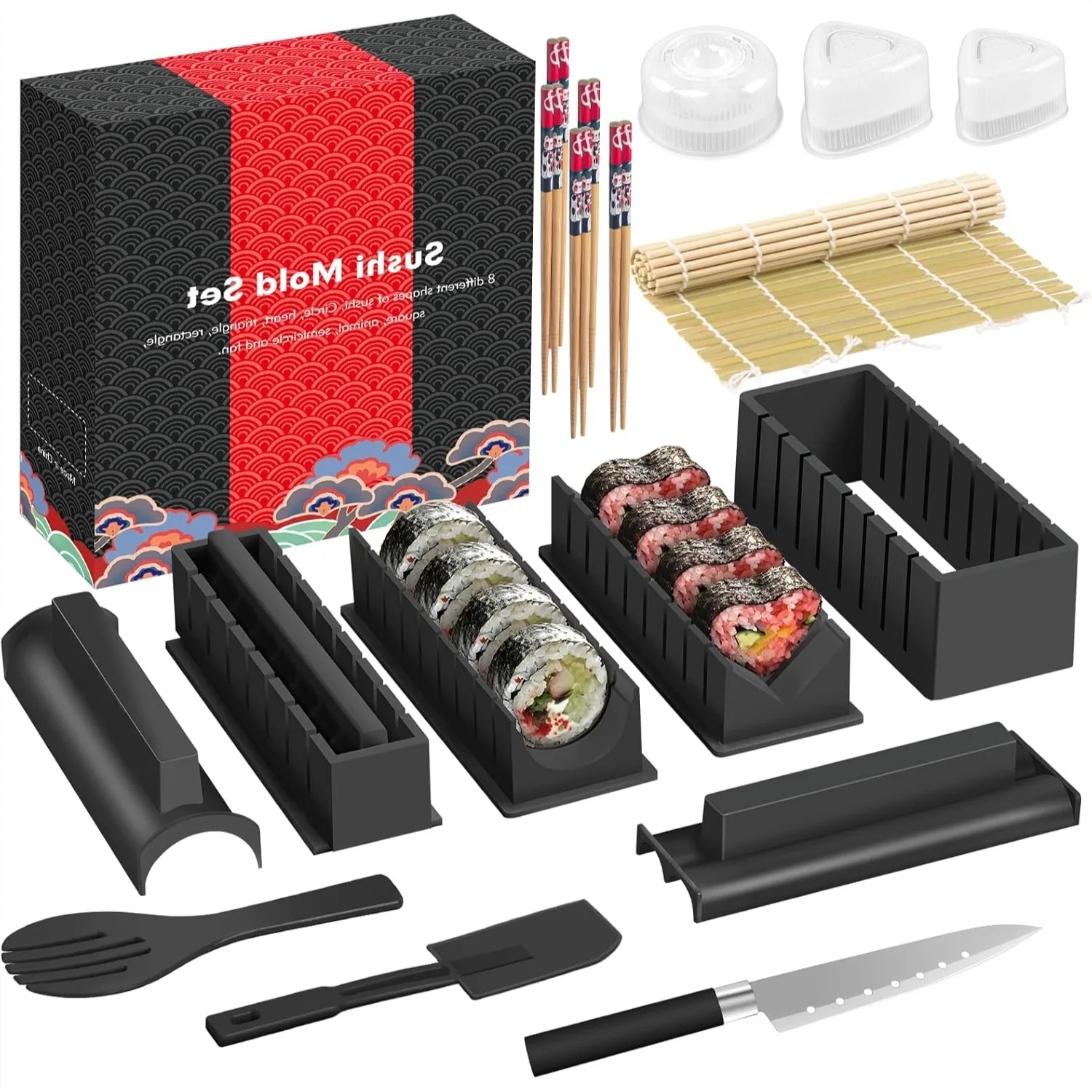 Kit Completo para Hacer Sushi, Juego Deluxe de 17 Piezas con Molde para Arroz, Estera para Enrollar, Cuchillo y Palillos
