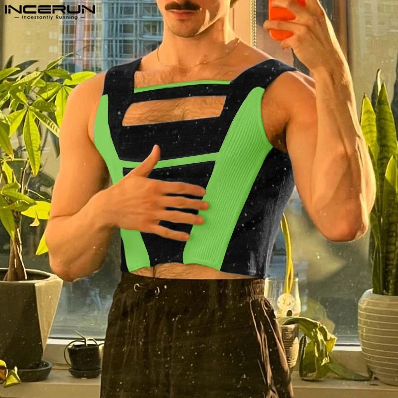 INCERUN Männer Stilvolle Tops Gespleißt Quadrat Kragen Design Westen Casual Gut Sitzende Heißer Verkauf Hohl Textur Kontrast Tank Tops S-5XL
