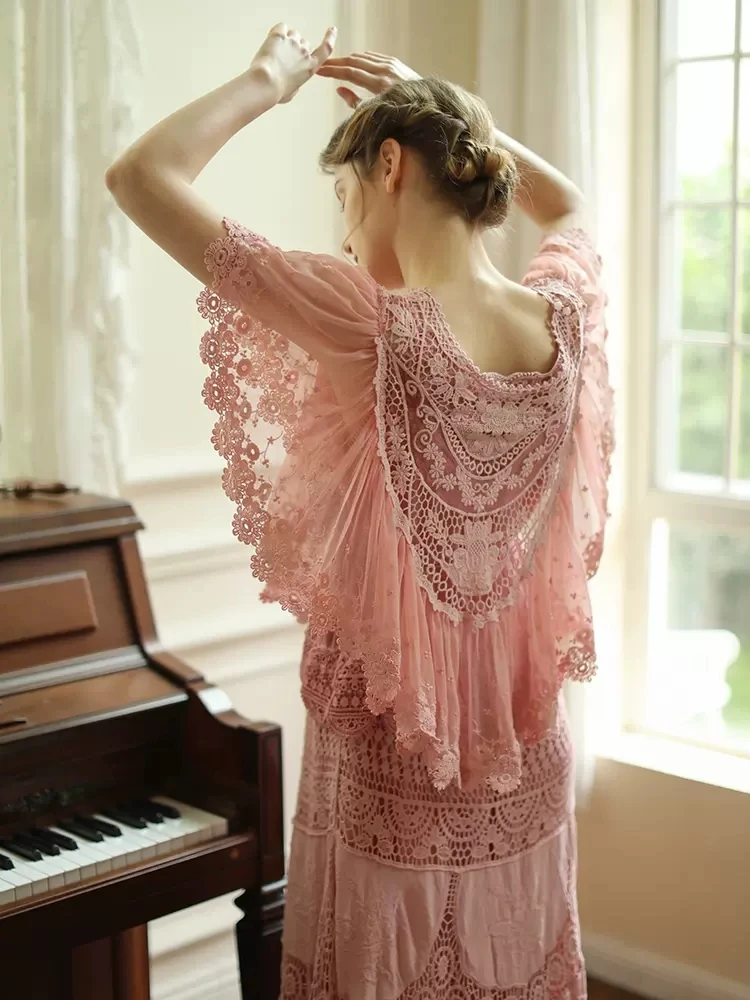 96cm Bust Spring Summer Women Victorian Vintage Exquisite Lace Loose Soft Comfortable Cotton Pink Sleeveless Tank Maxi Dresses