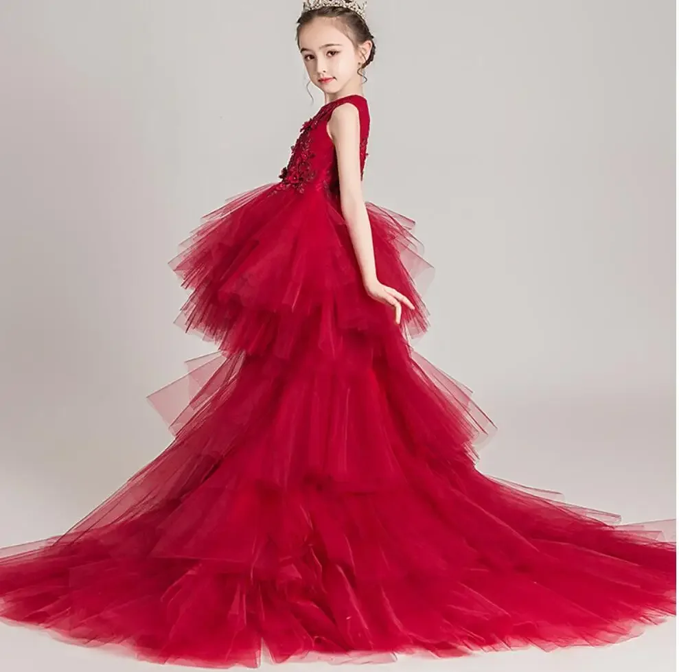 

Red Tulle Girl Children Wedding Dress Appliques First Communion Formal long Lace Princess Prom Dress Party Girl Birthday Costume