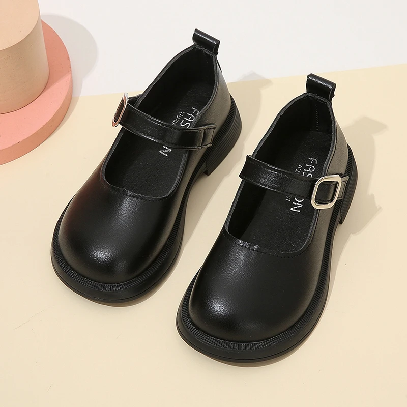 Kids Girls Black Uniform School Shoes Versatile Casual Buckle Simple 2023 Spring Children Round-toe Matter Loafers New Non-slip