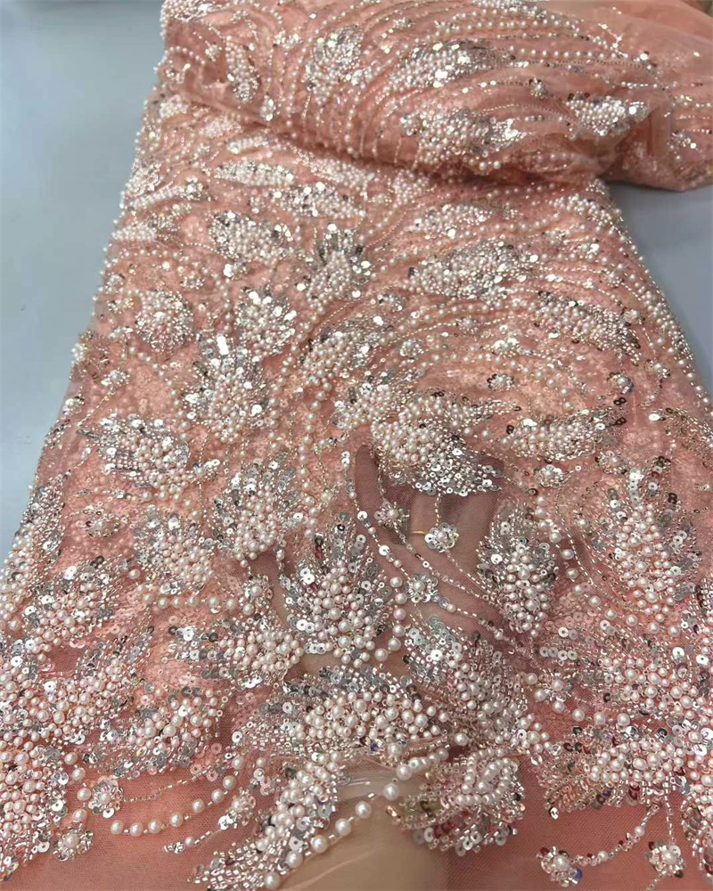 African Sequins Beaded Lace Fabric 2025 High Quality 5 Yards Nigerian French Lace for Clothing DIY Crafts