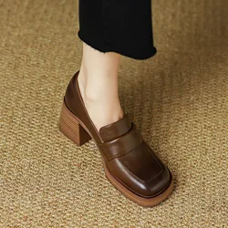 Shoes for Women 23 Retro British Style Thick High Heels Loafers Platform High Heels Leather Shoes French Square Toe Women Shoes