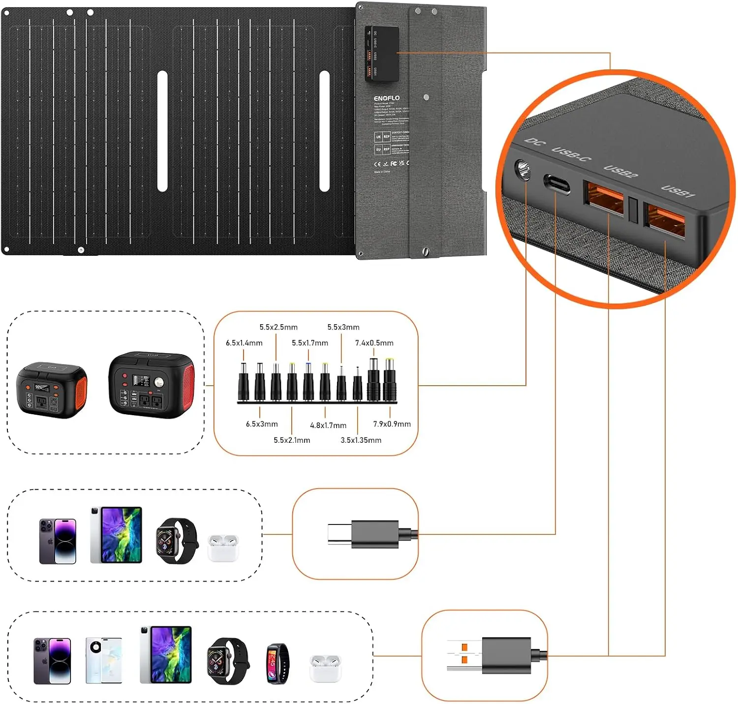 60W YT60 Solar Panel Charger Battery High Efficiency Camping Waterproof IP68 with USB and DC Outputs for Portable Power