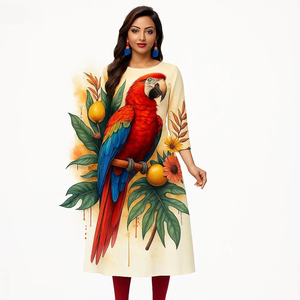 Kurt Women's Fashion Comfortable Long Sleeve Straight Casual Ethnic Round Neck Parrot Print New Dress