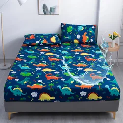 Waterproof Cartoon dinossauro padrão cabido lençol, tampa de cama macia, cama respirável, fronha equipada, 1 pc