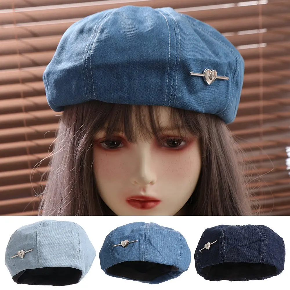 Fashion Solid color Love Heart Beret Korean Style All-match Denim Octagonal Hat Y2K Harajuku Painter Hat Travel