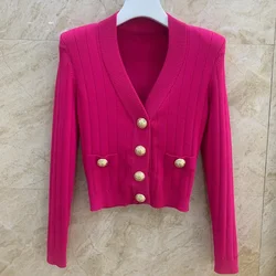 New Collection Early Spring Rose Red Blue White Black V-neck Women Knitted Cardigan Tops