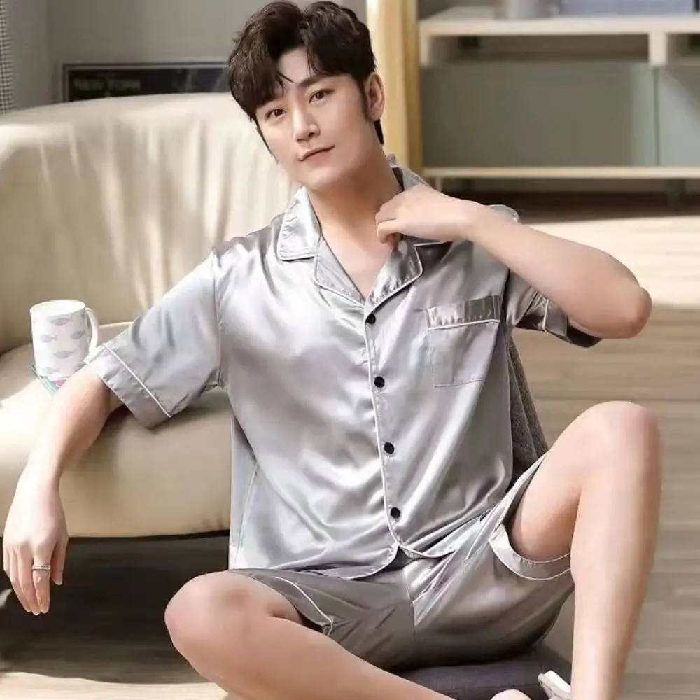 

Модный мужской пижамный костюм в полоску, атласный шелк, свободная ночная рубашка с короткими рукавами, домашняя одежда в сетку, одежда для сна из двух предметов, домашняя одежда