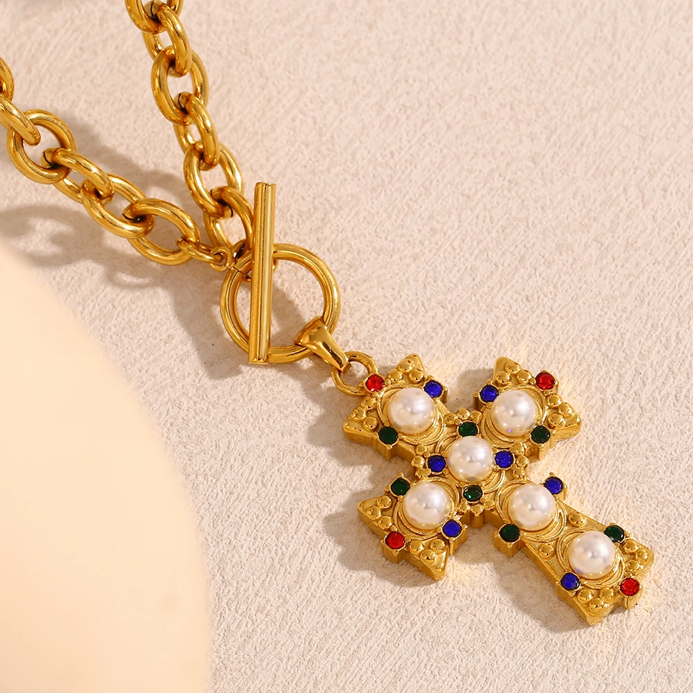 E.B.belle Vintage Style OT Buckle Blue Rhinestone Pearl Cross Pendant Necklace 18K Gold Plated Stainless Steel Neck Jewelry