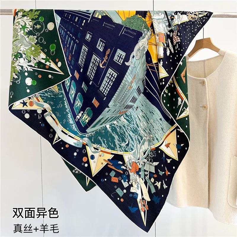 Light luxury cruise party silk wool square scarf double-sided heterochrome fashion air conditioner shawl silk wool scarf