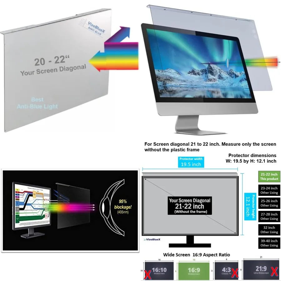

20 -21-21.5 -22 inch Anti-Blue Light Filter for Computer Monitor. Blue Light Screen Protector Blocking Panel 19.5“x 12.1” for LCD TV PC Mac iMac
