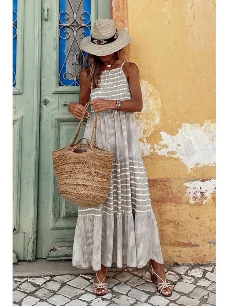 Summer Fashion Long Dress Women Boho Round Neck Sling Dresses Striped Sleeveless Loose Streetwear Print Loose Casual Vestidos