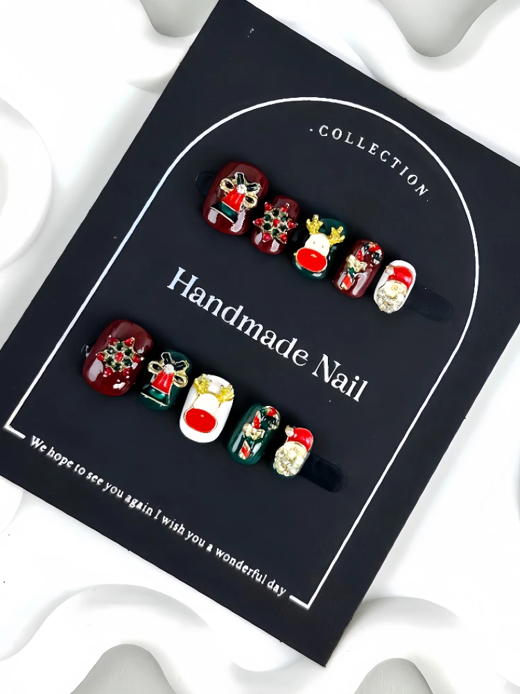 Novo natal unhas arte imprensa-em unhas conjunto curto squre com elementos de férias removível santa & floco de neve padrão manicure kit