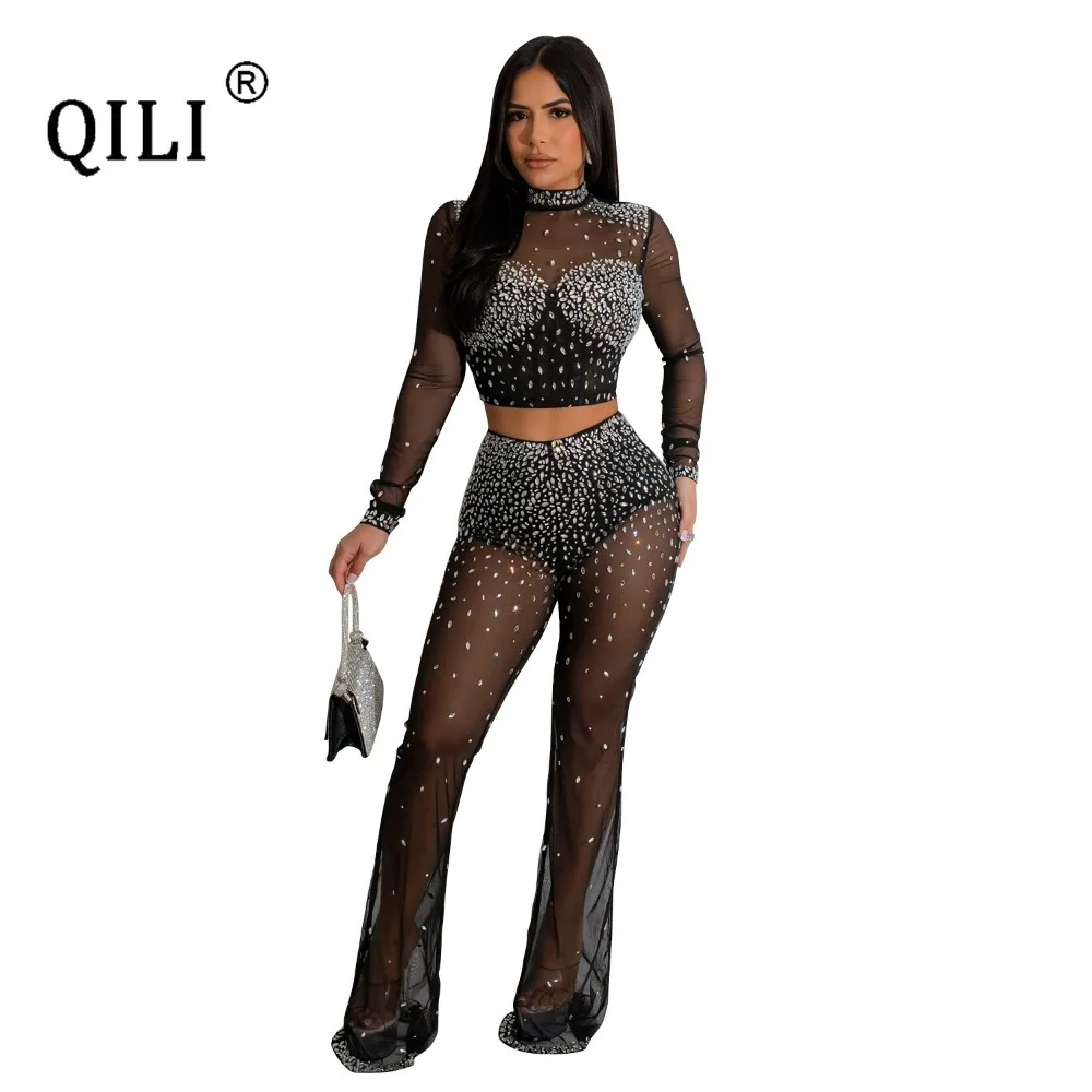 QILI-Two-Piece Rhinestone Set para as Mulheres, Sexy Nightclub Set, manga comprida, malha de cor sólida, perfuração calças compridas