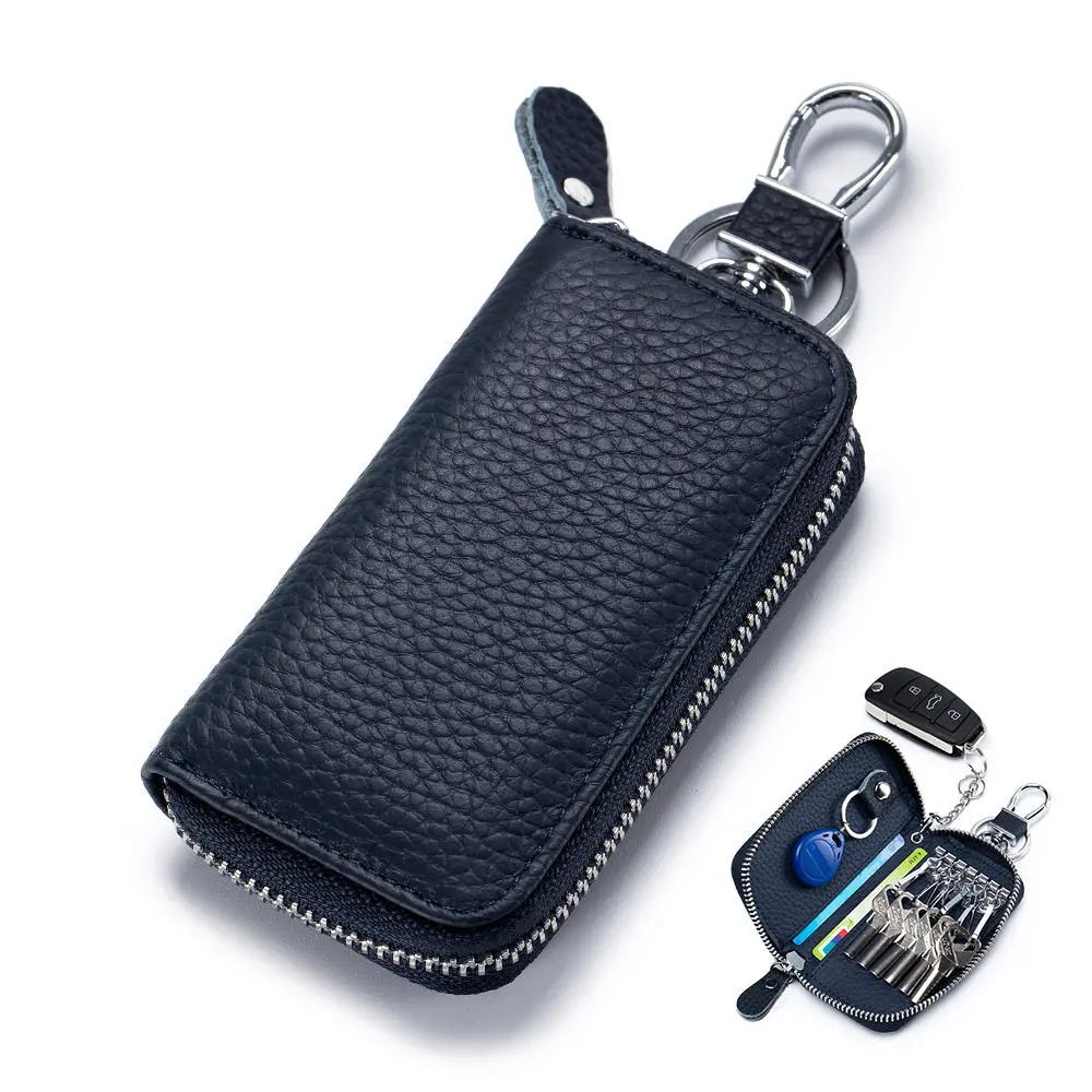 Genuine Leather Key Organizer Wallet Zipper Key Bag with Hanging Keyholder Multi Key Storage Case for Remote Fob and House Keys