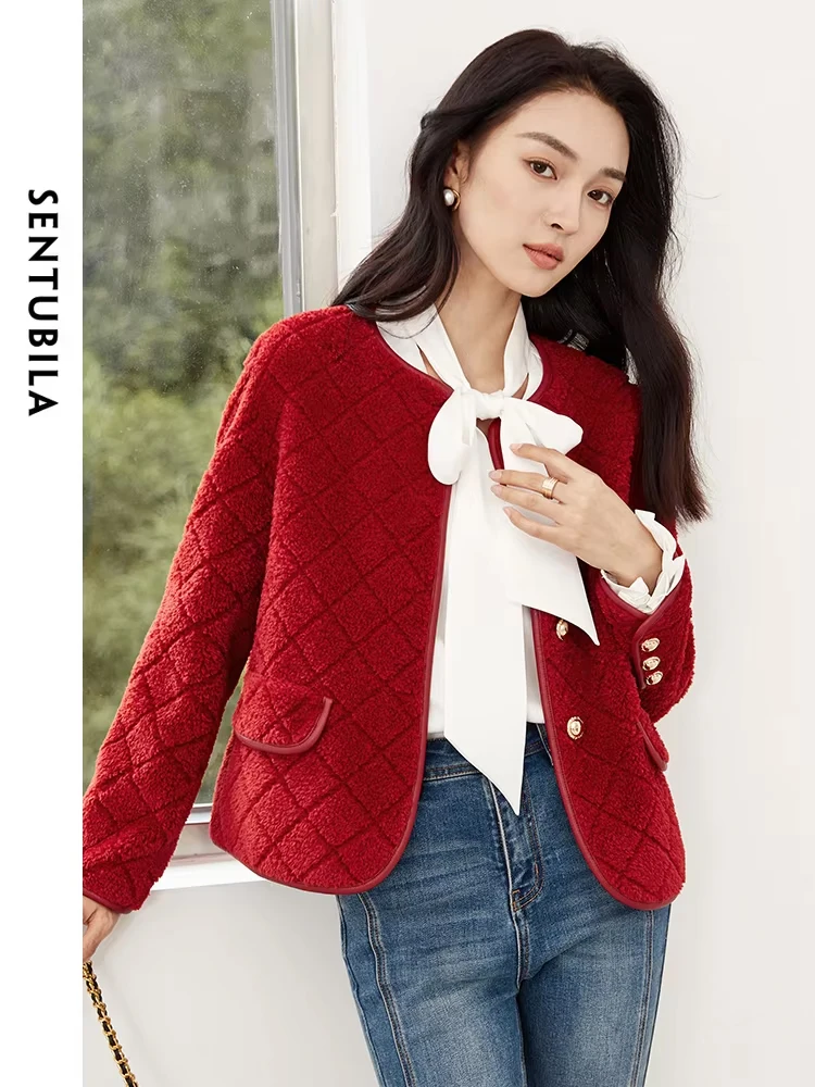 SENTUBILA Vintage Crew Neck Faux Fur Coat Women 2025 Spring Autumn Argyle Pattern Short Jackets Female Warm Outwear W34P50139