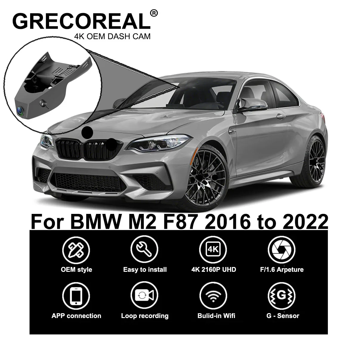 

GRECOREAL 4K Dash Cam Front and Rear 2160P WiFi Car Dual Dashcam APP Control Easy Install Plug Play Compatible with BMW M2 F87