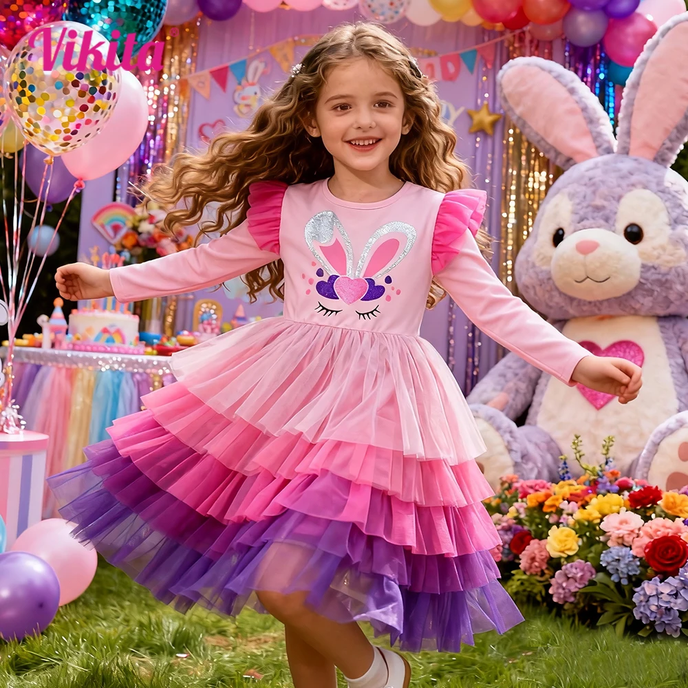 VIKITA Girls Pink Long Sleeve Autumn Spring Dress Kids Glitter Bunny Rabbit Heart Shape Layered Tulle Mesh Tutu Princess Dresses