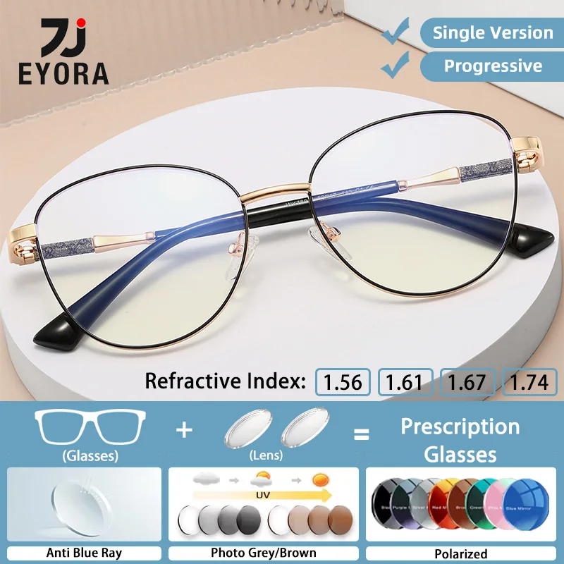 

EYORA Skinny Face Metal Cat Eye Reading Glasses Myopia Eyewear Hyperopia Anti Blue Ray Progressive Photochromic Eyewear Lens
