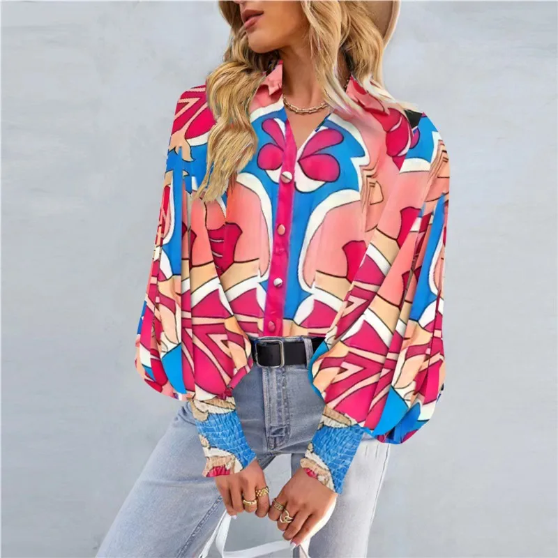 Women Casual Shirt Commuting Elegant Floral Print Blouses Lantern Sleeve Turn-down Collar Single Breasted Lady Top Spring Autumn