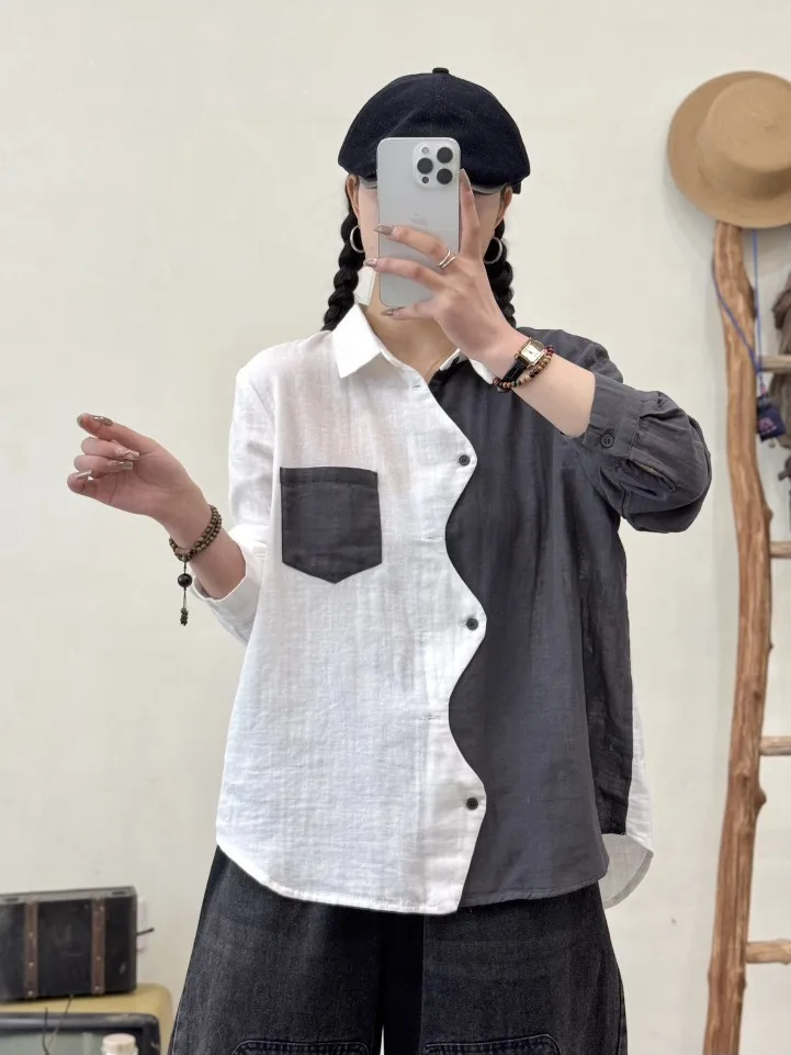 New 2025 Autumn Cotton Long Sleeve Shirt, Women Turn-down Collar Patchwork, Mori Girl Retro Casual Design Loose Blouse T56259CC