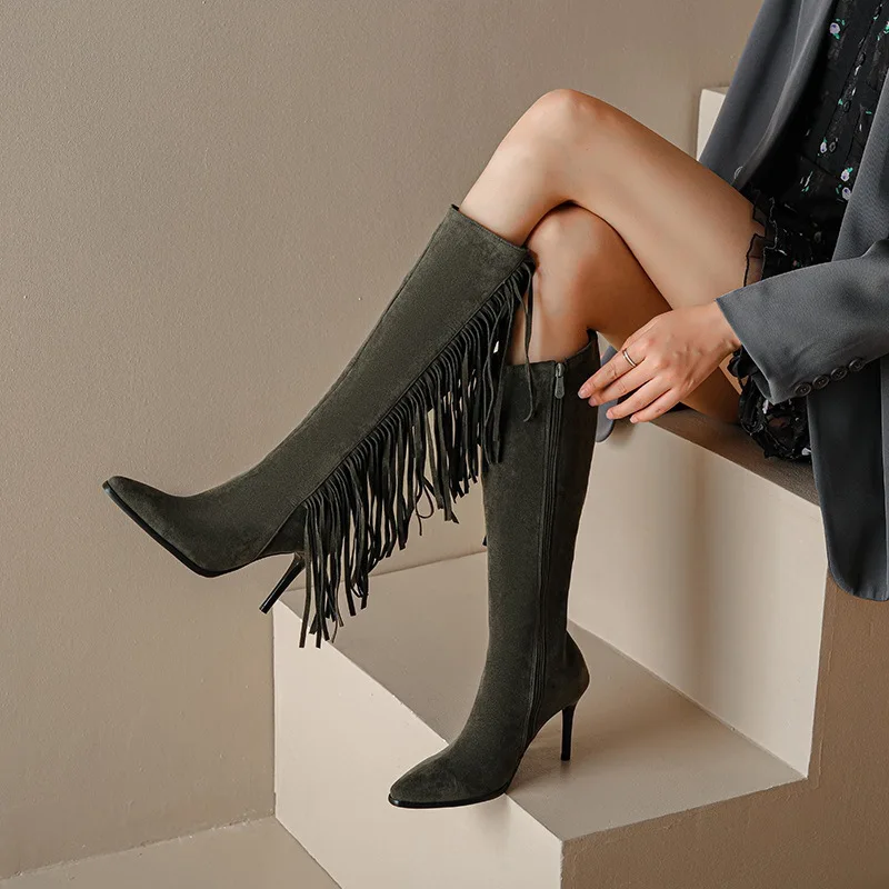 Fashion Tassels Pointed Toe High Heels Mid Calf Boots Women Autumn Winter Flock Thin Heel High Boots Ladies Street Dancing Shoes