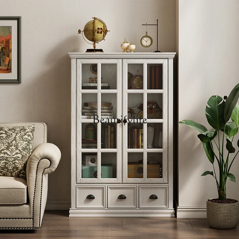 

FG40American solid wood bookcase household rack dust belt glass door retro floor display