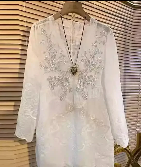 6xl camicia oversize 2023 primavera nuovo ricamo camicetta di pizzo bianco con perline donna stile coreano allentato scollo a v manica lunga Blusas