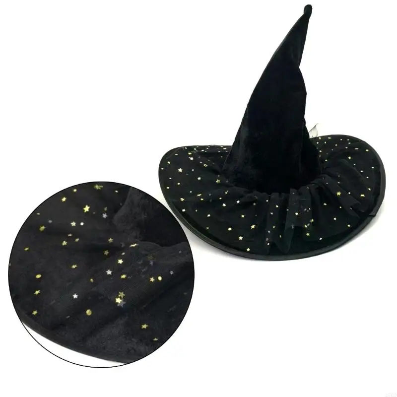 Chapéu bruxa Halloween 270D Wizard Caps Wizard Cosplay Costume Star Lace Pointed Hat