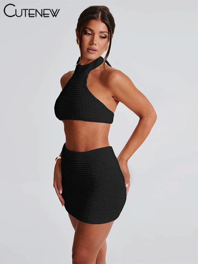 Cutenew Knit Sexy 2 Piece For Women Set Halter Bandage Backless Crop Vests+Mini Solid Skirts Mujer Matching Party Club Outfits