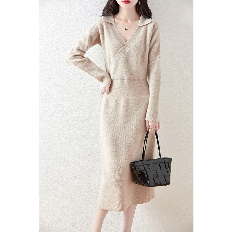 100% Wool Dress Women's Autumn Winter Long Sleeved Slim Fit Solid Color French Fashion Lapel Pullover V-Neck Knitted Top