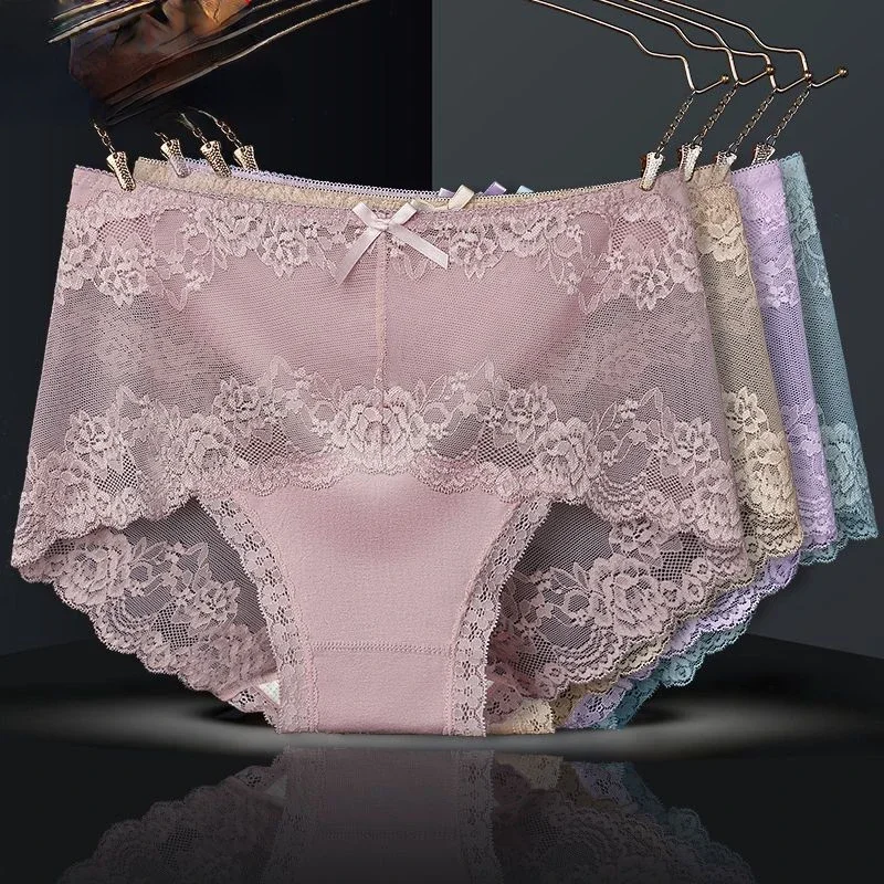 4pcs Big Size Sexy Underwear Mid Waist Panties High-end Lace Patchwork Traceless Women Thin Transparent Panties Thong Mujer