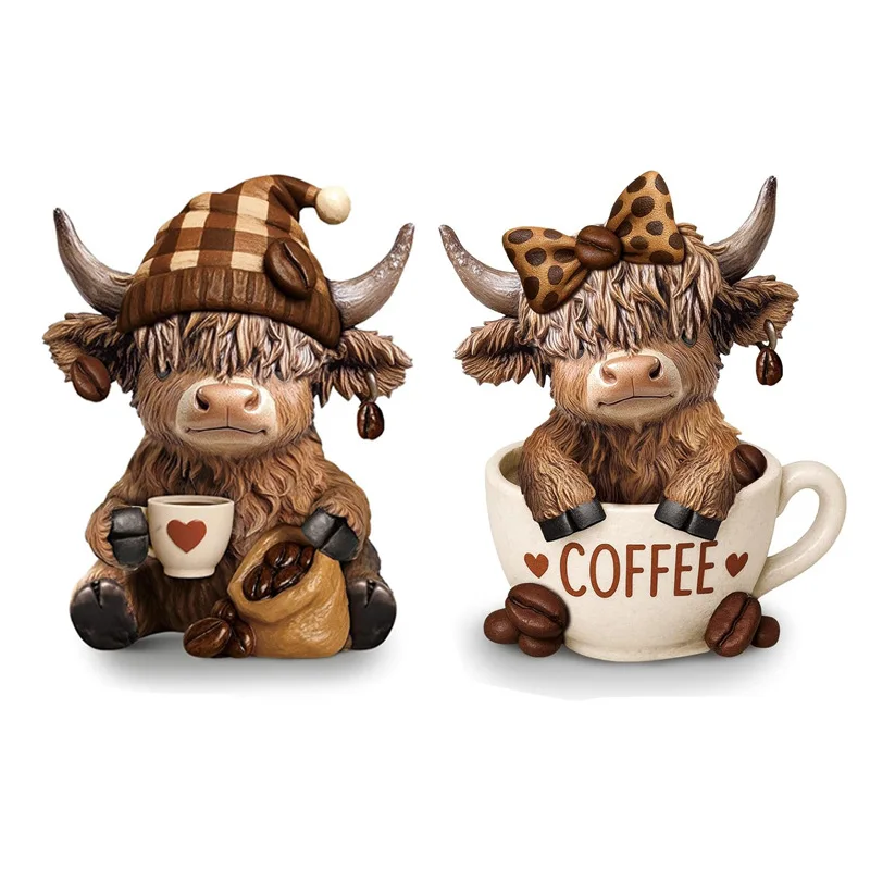 Statue de vache des Highlands en résine, figurine de veau nain, figurine de bétail écossais, décoration d'intérieur, ornement de salon, cadeau de Noël