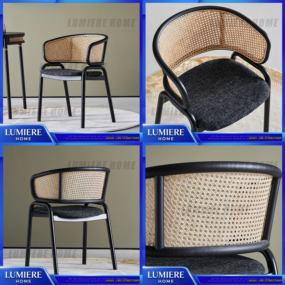 

Rattan Dining Chair with Back and Arms Metal Frame Mid Century Modern Style Minimalist Lounge Seat for Living Room Hotel Cafe