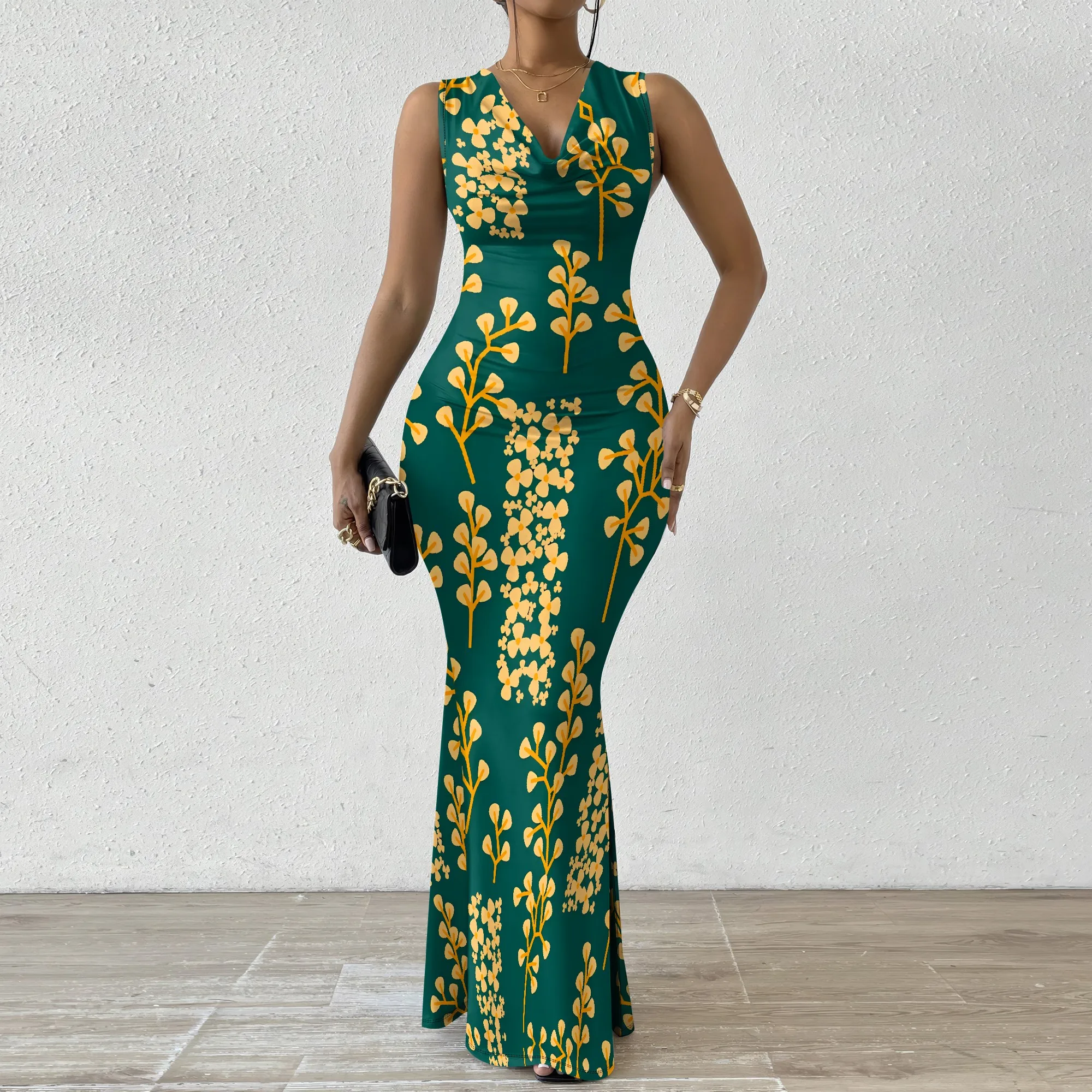 

Green Yellow Floral Print Sleeveless Maxi Dress Plus Size Summer Vacation Casual Dress