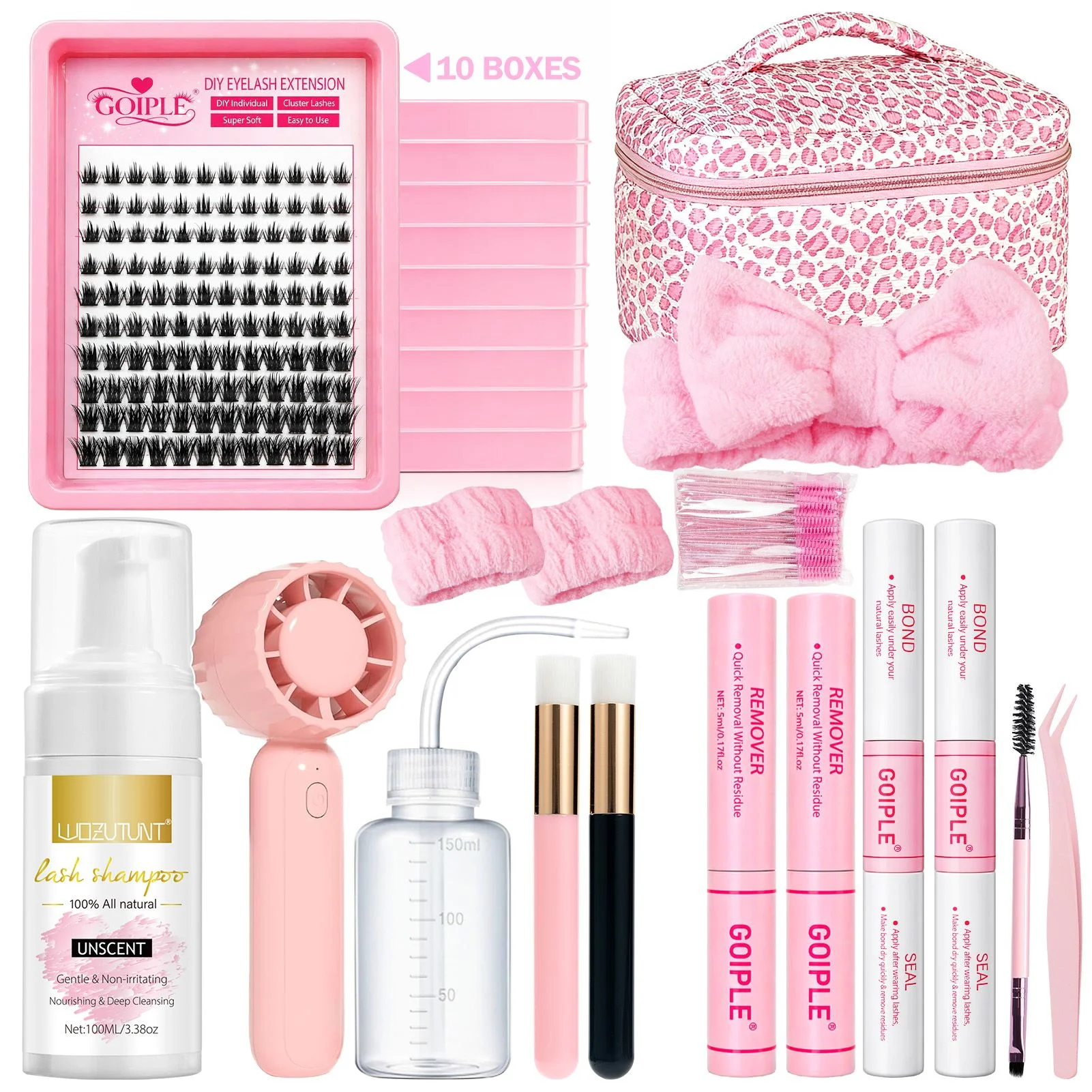 DIY Eyelash Extension Kit with Bond and Seal - Super Soft Lash Clusters for Natural Look - Unscented Lash Shampoo & Drying Fan Included - Quick Lash Remover Without Residue for Sensitive Eyes At-Home Maintenance