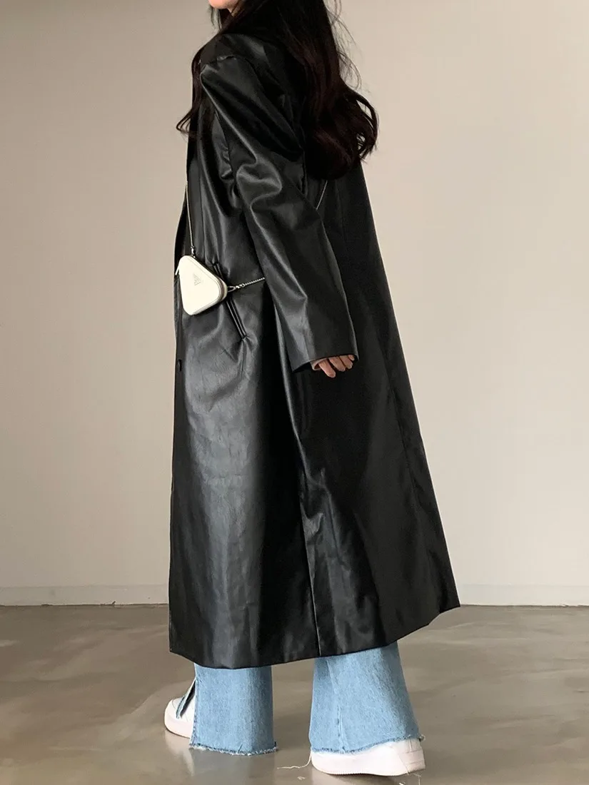 Chic Autumnal Vintage Sli doppiopetto sciolto casual in pelle PU lungo giacca a vento Sve per le donne pendolari Sle