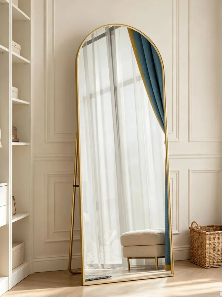 Superaly Bogenförmiger Spiegel, Ganzkörperspiegel, 162 x 53 cm, Dekorative Spiegel mit goldenem Rahmen aus Aluminiumlegierung, gehärtetes Glas, stehend, an der Wand zu lehnen, für Schlafzimmer,