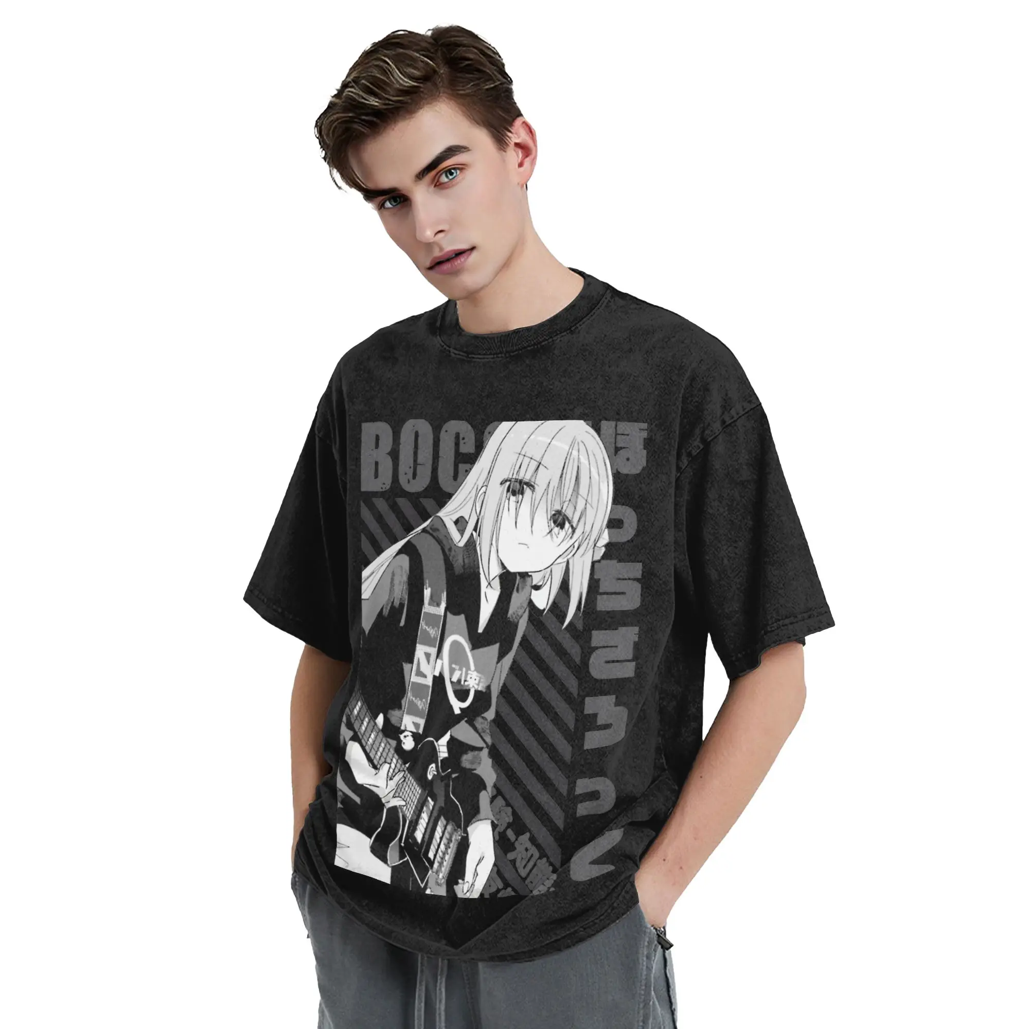 تي شيرت مغسول Bocchi the Rock Hitori Gotou الهيب هوب تي شيرت كبير الحجم أنيمي الشارع الشهير 100% قطن مطبوع بلايز تي شيرت الرجال