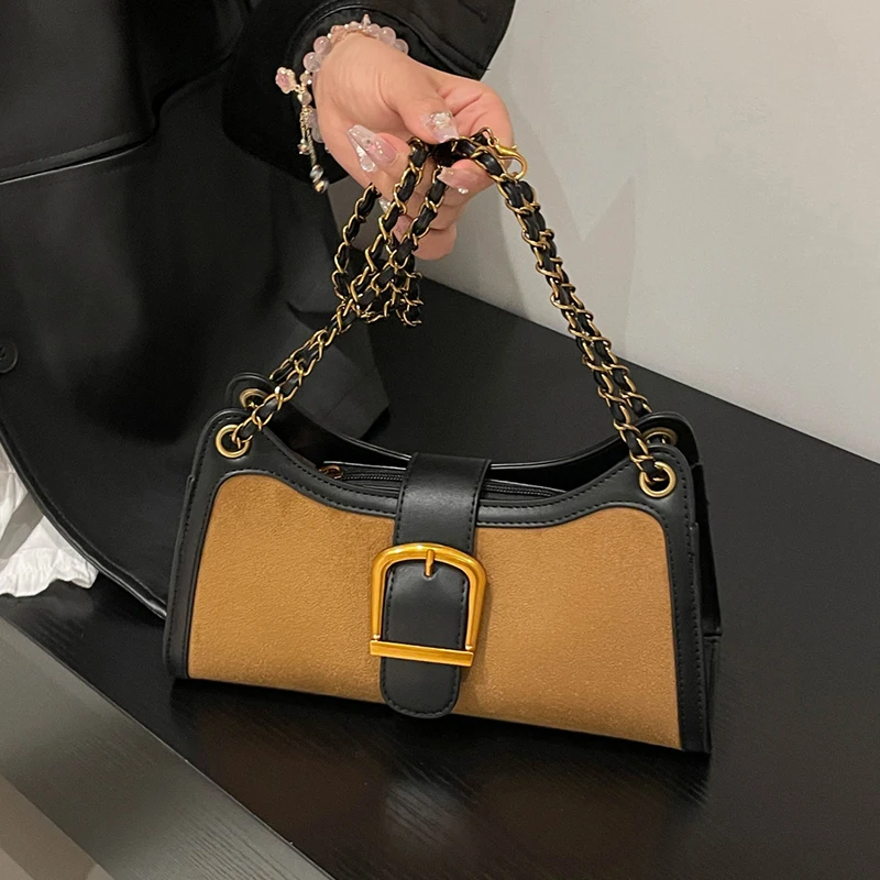 

Fashion Exquisite Shopping Bag Retro Casual Women Totes Shoulder Bags Female Suede Leather Solid Color Chain Crossbody Handbag
