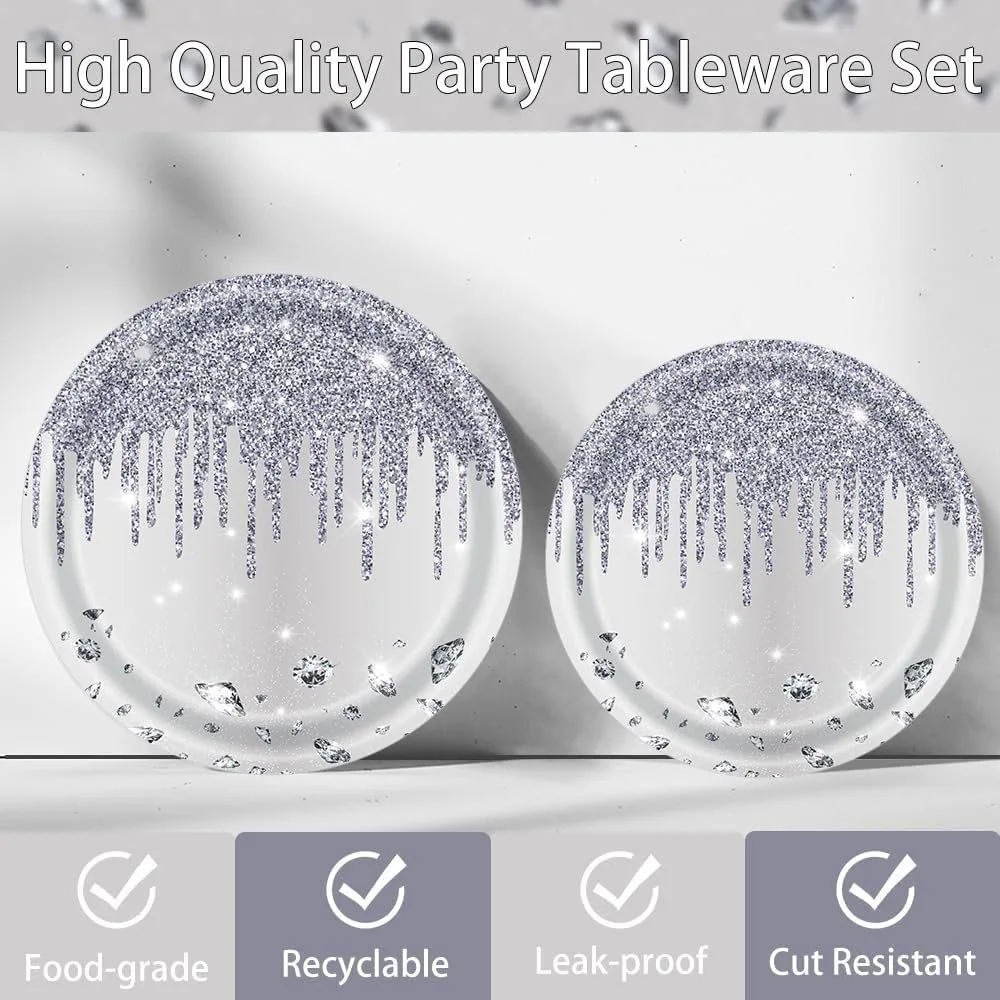 Silber-Glitzer Einweg-Geschirrset Luxuriöse Diamant-Pappteller Becher Servietten Tischdecke Hochzeit Brautparty Partyzubehör – Detail 4