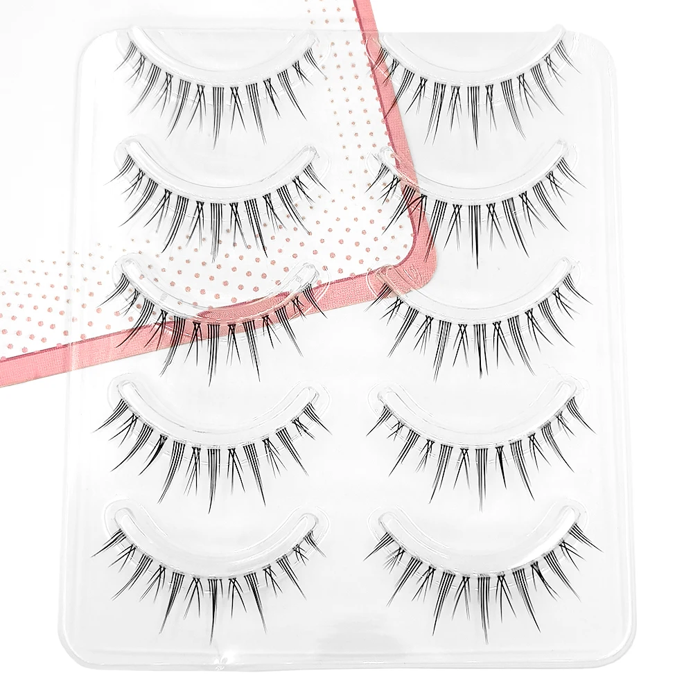 Yelix Manga Lashes 5 pairs Soft Natural Eyelashes 0.07C A/M Shape Spikes Lashes Strip Cluster Eyelash Extensions Korean Makeup