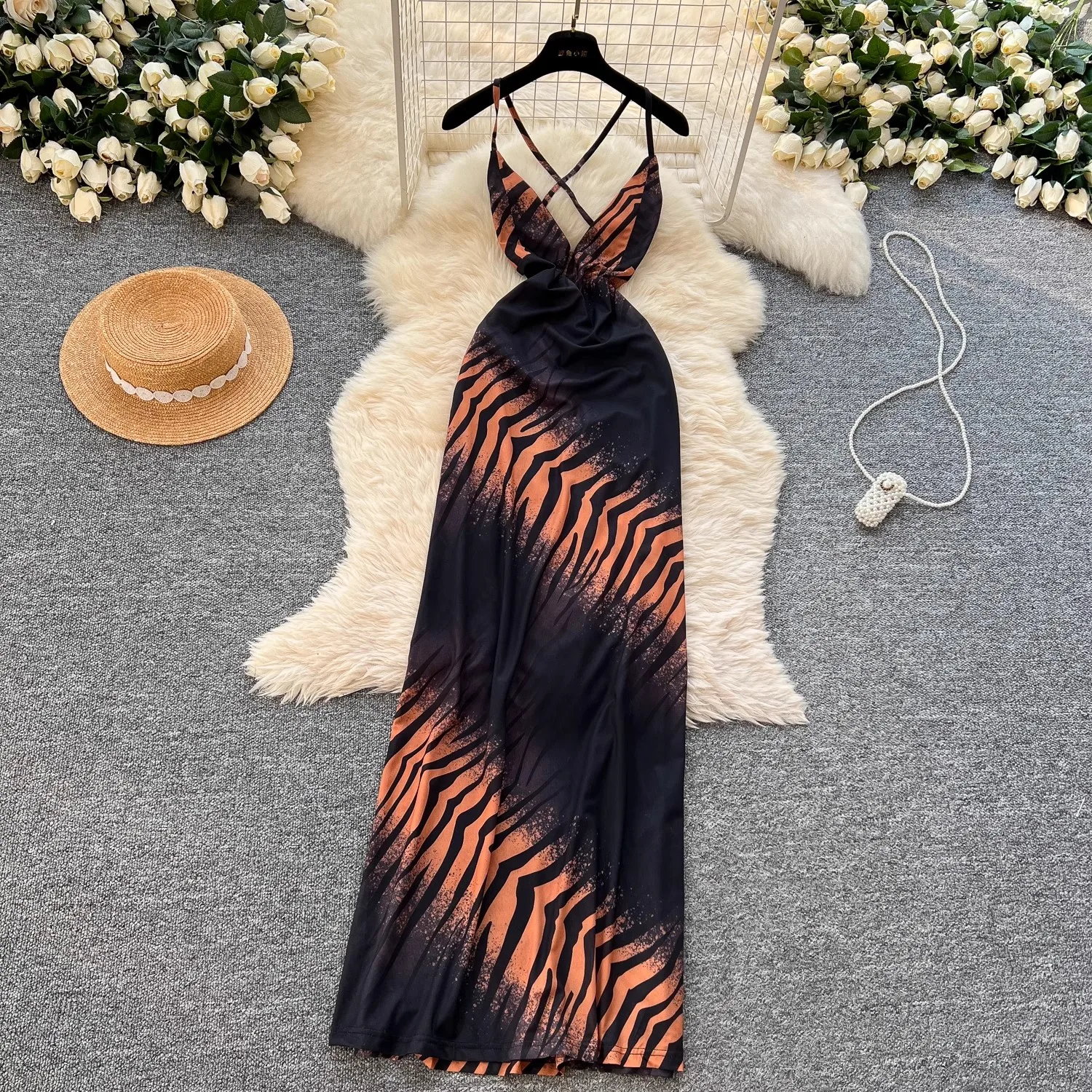

Vintage Printed Backless Dress Women Summer Vacation Party Sleeveless Clothing Lady Streetwear Runway Design Vestidos Bodycon