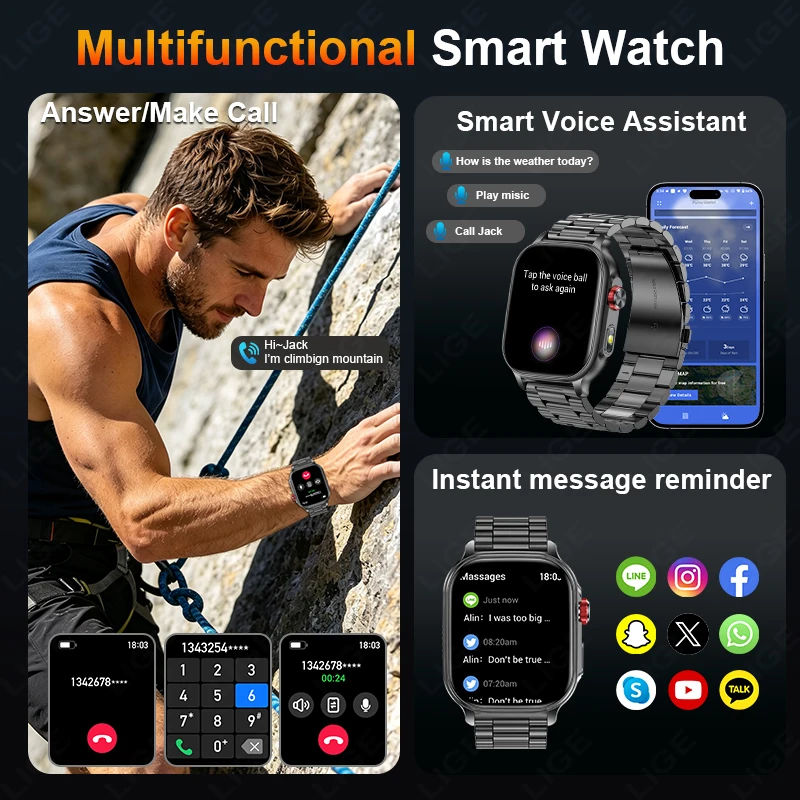 LIGE New 1400mAh Big Battery Smart Watch Men Outdoor Flashlight IP68 Waterproof Bluetooth Call Military Sports Women Smartwatch